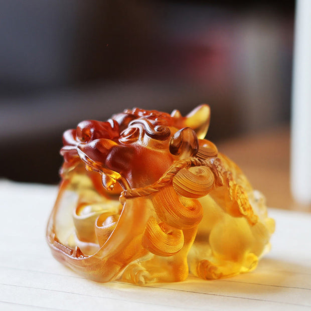 Buddha Stones Handmade Liuli Crystal Gold Swallowing PiXiu Art Piece Home Decoration - image 3