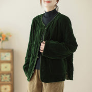 Buddha Stones Diamond Pattern Short Style Women's Long Sleeve Thickened Jacket With Pockets - DarkGreen - US12，UK/AU16，EU44 (2XL) - image 0