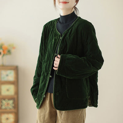 Buddha Stones Diamond Pattern Short Style Women's Long Sleeve Thickened Jacket With Pockets - DarkGreen - US12，UK/AU16，EU44 (2XL) - image 0