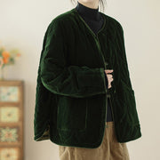 Buddha Stones Diamond Pattern Short Style Women's Long Sleeve Thickened Jacket With Pockets - image 3