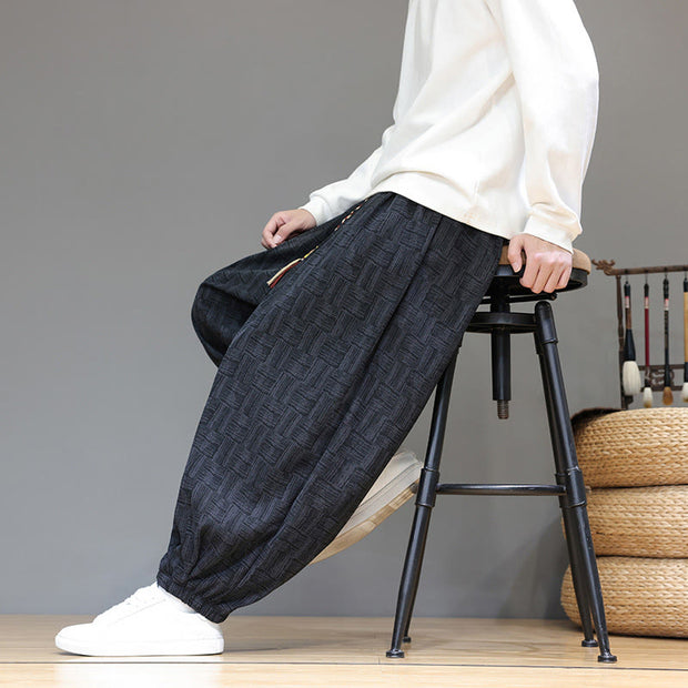 Buddha Stones Fall Jacquard Plaid Pattern Cotton Corduroy Men's Harem Pants With Pockets - image 9