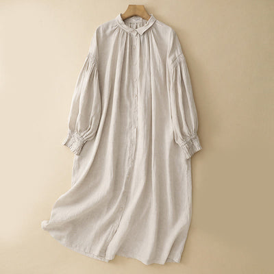 Buddha Stones Beige Buttons Lapel Design Long Sleeve Cotton Midi Dress With Pockets - Beige - US8-10，UK/AU12-14，EU40-42 (2XL) - image 0