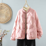 Buddha Stones Floral Frog-Button Stand Collar Women's Long Sleeve Cotton Thick Jacket With Pockets - Pink - US8-10，UK/AU12-14，EU40-42 (2XL) - image 3