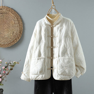 Buddha Stones Floral Frog-Button Stand Collar Women's Long Sleeve Cotton Thick Jacket With Pockets - Ivory - US8-10，UK/AU12-14，EU40-42 (2XL) - image 0