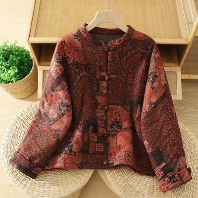 Buddha Stones Women's Ethnic Floral Long Sleeve Frog-buttons Cotton Thermal Jacket - FireBrick - US12，UK/AU16，EU44 (XL) - image 0