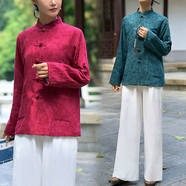 Buddha Stones Frog-Button Long Sleeve Cotton Jacquard Women's Shirt Pants With Pockets - image 19