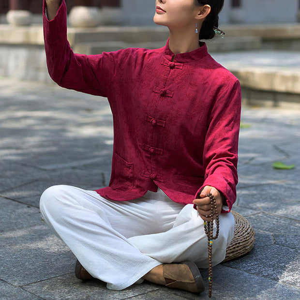 Buddha Stones Frog-Button Long Sleeve Cotton Jacquard Women's Shirt Pants With Pockets - image 18