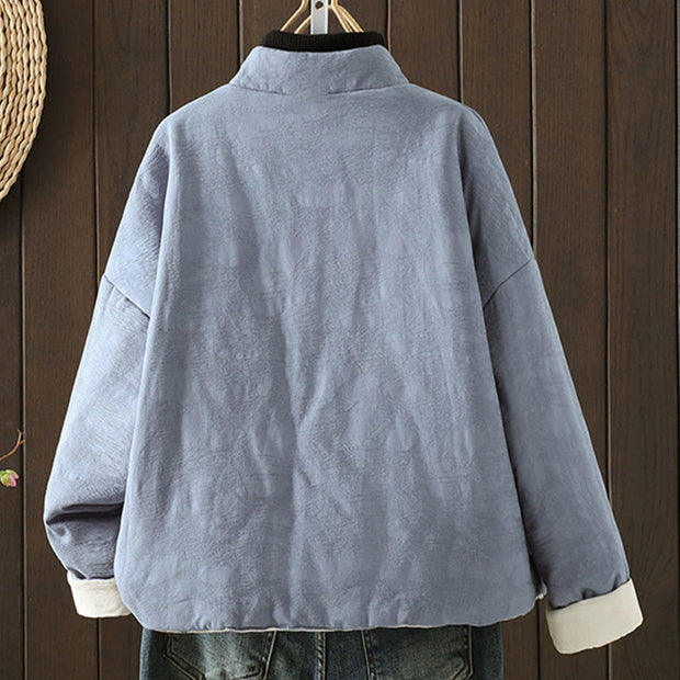 Buddha Stones Frog-button Solid Color Pattern Women's Long Sleeve Cotton Thick Jacket With Floral Cuffs - image 1