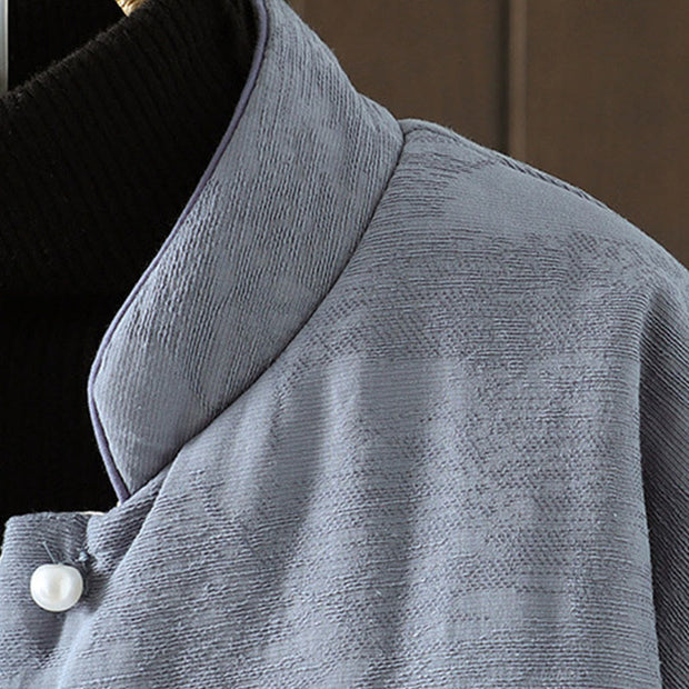 Buddha Stones Frog-button Solid Color Pattern Women's Long Sleeve Cotton Thick Jacket With Floral Cuffs - image 3