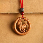 Buddha Stones Peach Wood  Chinese Zodiac Year Of The Horse  Ward Off Evil Spirits Necklace Pendants - Peach Wood-Horse - Red Rope - image 1