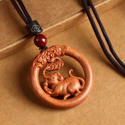 Buddha Stones Peach Wood  Chinese Zodiac Year Of The Horse  Ward Off Evil Spirits Necklace Pendants - Peach Wood-Rat - Brown Rope - image 7