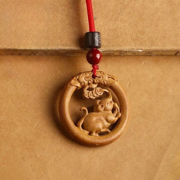 Buddha Stones Peach Wood  Chinese Zodiac Year Of The Horse  Ward Off Evil Spirits Necklace Pendants - Peach Wood-Rat - Red Rope - image 8