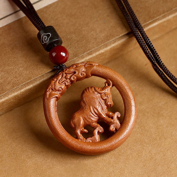 Buddha Stones Peach Wood  Chinese Zodiac Year Of The Horse  Ward Off Evil Spirits Necklace Pendants - Peach Wood-Ox - Brown Rope - image 9