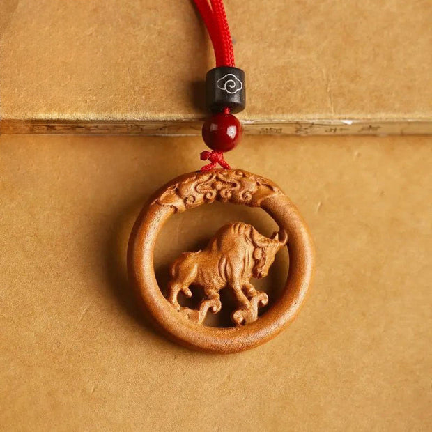 Buddha Stones Peach Wood  Chinese Zodiac Year Of The Horse  Ward Off Evil Spirits Necklace Pendants - Peach Wood-Ox - Red Rope - image 10