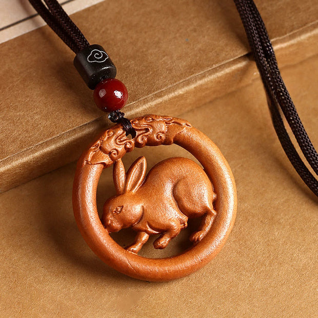 Buddha Stones Peach Wood  Chinese Zodiac Year Of The Horse  Ward Off Evil Spirits Necklace Pendants - Peach Wood-Rabbit - Brown Rope - image 13