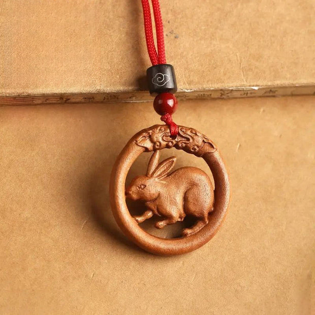 Buddha Stones Peach Wood  Chinese Zodiac Year Of The Horse  Ward Off Evil Spirits Necklace Pendants - Peach Wood-Rabbit - Red Rope - image 14