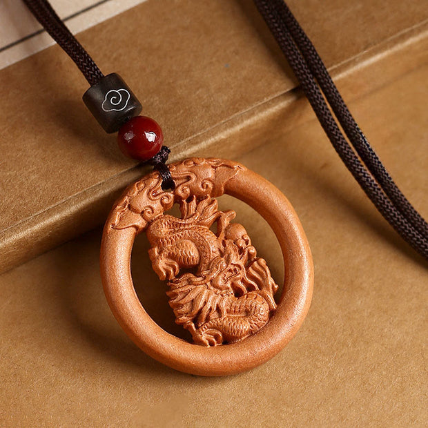 Buddha Stones Peach Wood  Chinese Zodiac Year Of The Horse  Ward Off Evil Spirits Necklace Pendants - Peach Wood-Dragon - Brown Rope - image 15