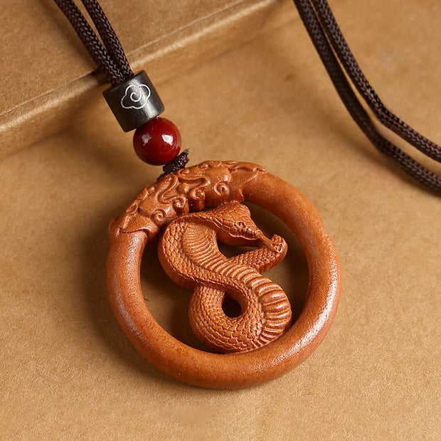 Buddha Stones Peach Wood  Chinese Zodiac Year Of The Horse  Ward Off Evil Spirits Necklace Pendants - Peach Wood-Snake - Brown Rope - image 24