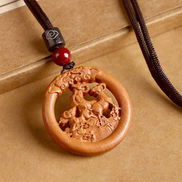 Buddha Stones Peach Wood  Chinese Zodiac Year Of The Horse  Ward Off Evil Spirits Necklace Pendants - Peach Wood-Goat - Brown Rope - image 20