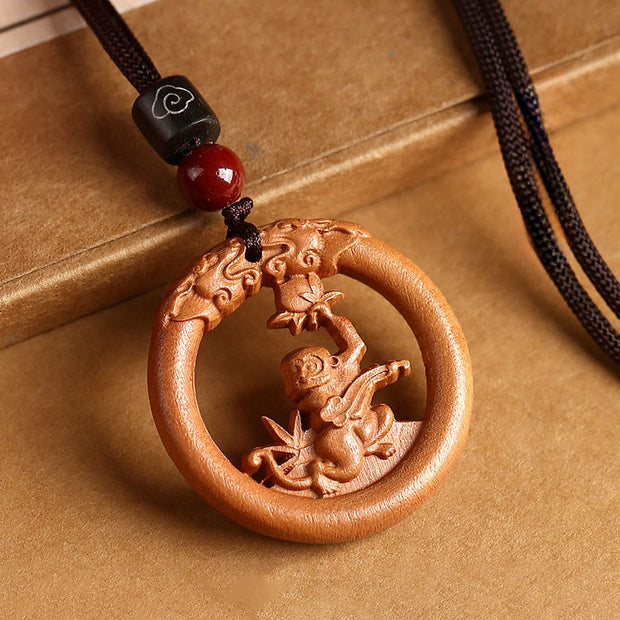 Buddha Stones Peach Wood  Chinese Zodiac Year Of The Horse  Ward Off Evil Spirits Necklace Pendants - Peach Wood-Monkey - Brown Rope - image 21
