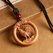 Buddha Stones Peach Wood  Chinese Zodiac Year Of The Horse  Ward Off Evil Spirits Necklace Pendants - Peach Wood-Rooster - Brown Rope - image 23