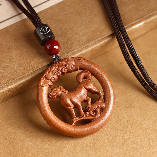 Buddha Stones Peach Wood  Chinese Zodiac Year Of The Horse  Ward Off Evil Spirits Necklace Pendants - Peach Wood-Dog - Brown Rope - image 25