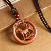 Buddha Stones Peach Wood  Chinese Zodiac Year Of The Horse  Ward Off Evil Spirits Necklace Pendants - Peach Wood-Dog - Brown Rope - image 26