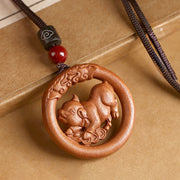 Buddha Stones Peach Wood  Chinese Zodiac Year Of The Horse  Ward Off Evil Spirits Necklace Pendants - Peach Wood-Pig - Brown Rope - image 27