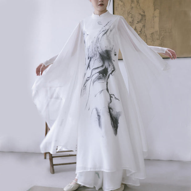 Buddha Stones White Ink Print Design Short Sleeve Women's Meditation Midi Dress Pants Zen Clothing - image 2