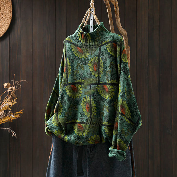 Buddha Stones Sunflower Pattern Mock Neck Long Sleeve Women's Cotton Sweater - SeaGreen - US4-8/10，UK/AU8-12/14，EU36-40/42(F) - image 15