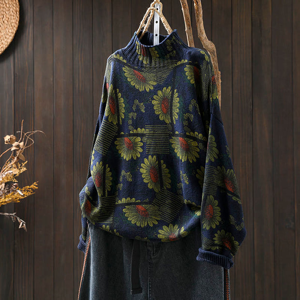 Buddha Stones Sunflower Pattern Mock Neck Long Sleeve Women's Cotton Sweater - MidnightBlue - US4-8/10，UK/AU8-12/14，EU36-40/42(F) - image 2