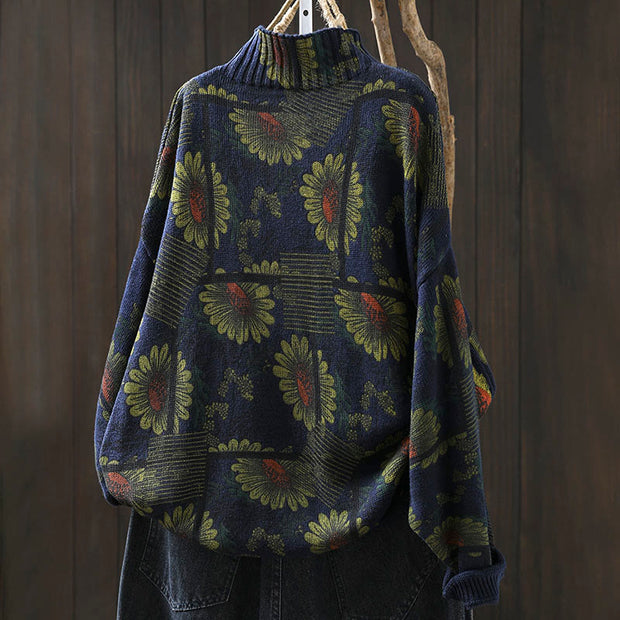 Buddha Stones Sunflower Pattern Mock Neck Long Sleeve Women's Cotton Sweater - image 3