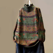 Buddha Stones Winter Color-block Flower Pattern Mock Neck Long Sleeve Women's Cotton Sweater - DarkOliveGreen - US4-6，UK/AU8-19，EU36-38(F) - image 15