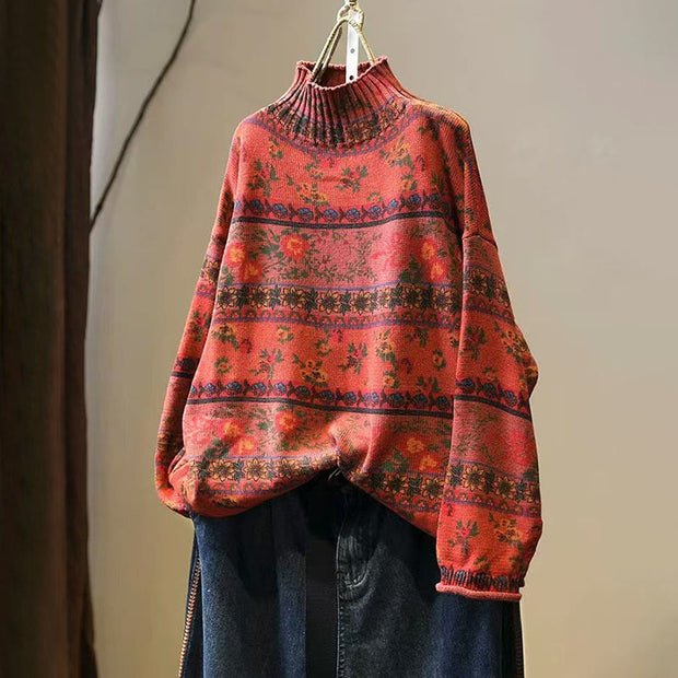 Buddha Stones Winter Color-block Flower Pattern Mock Neck Long Sleeve Women's Cotton Sweater - OrangeRed - US4-6，UK/AU8-19，EU36-38(F) - image 13