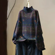 Buddha Stones Winter Color-block Flower Pattern Mock Neck Long Sleeve Women's Cotton Sweater - MidnightBlue - US4-6，UK/AU8-19，EU36-38(F) - image 11