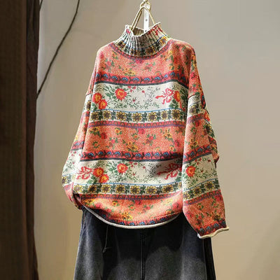 Buddha Stones Winter Color-block Flower Pattern Mock Neck Long Sleeve Women's Cotton Sweater - Coral - US4-6，UK/AU8-19，EU36-38(F) - image 0