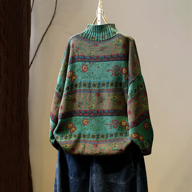 Buddha Stones Winter Color-block Flower Pattern Mock Neck Long Sleeve Women's Cotton Sweater - image 3