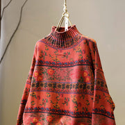 Buddha Stones Winter Color-block Flower Pattern Mock Neck Long Sleeve Women's Cotton Sweater - image 14