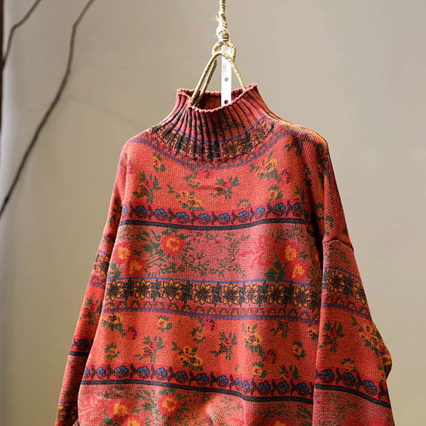 Buddha Stones Winter Color-block Flower Pattern Mock Neck Long Sleeve Women's Cotton Sweater - image 14