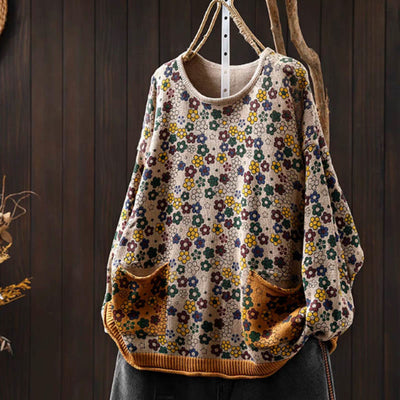 Buddha Stones Knitted Colorful Flowers Pattern Women's Cotton Long Sleeve Sweater With Pockets - PaleGoldenrod - US4-6，UK/AU8-19，EU36-38(F) - image 0
