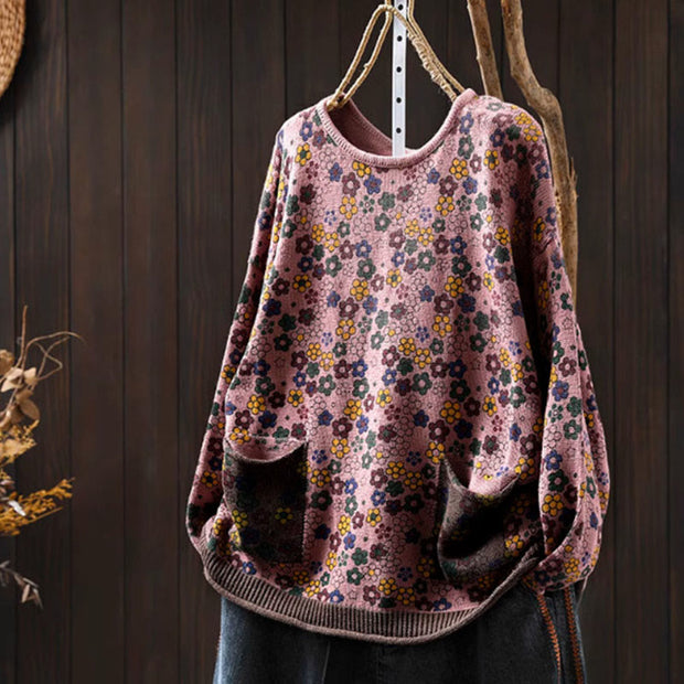 Buddha Stones Knitted Colorful Flowers Pattern Women's Cotton Long Sleeve Sweater With Pockets - Pink - US4-6，UK/AU8-19，EU36-38(F) - image 14