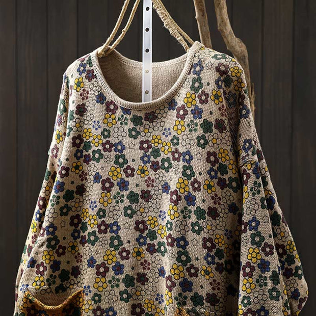 Buddha Stones Knitted Colorful Flowers Pattern Women's Cotton Long Sleeve Sweater With Pockets - image 1