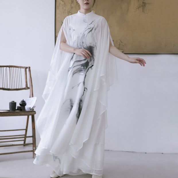 Buddha Stones White Ink Print Design Short Sleeve Women's Meditation Midi Dress Pants Zen Clothing - image 1