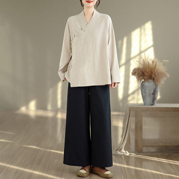 Buddha Stones 2Pcs V-Neck Long Sleeve Shirt Wide Leg Pants Zen Meditation Women's Set - Beige Shirt&Black Pants - US8-10，UK/AU12-14，EU40-42 (2XL) - image 0