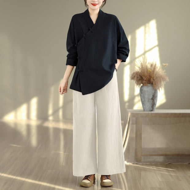 Buddha Stones 2Pcs V-Neck Long Sleeve Shirt Wide Leg Pants Zen Meditation Women's Set - Black Shirt&Beige Pants - US8-10，UK/AU12-14，EU40-42 (2XL) - image 11