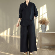 Buddha Stones 2Pcs V-Neck Long Sleeve Shirt Wide Leg Pants Zen Meditation Women's Set - image 13