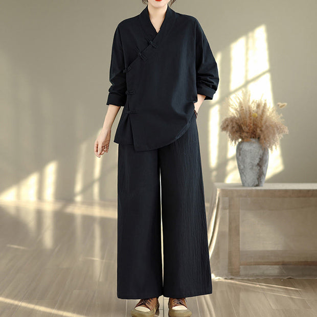 Buddha Stones 2Pcs V-Neck Long Sleeve Shirt Wide Leg Pants Zen Meditation Women's Set - image 13