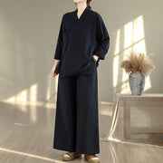 Buddha Stones 2Pcs V-Neck Long Sleeve Shirt Wide Leg Pants Zen Meditation Women's Set - image 16