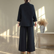 Buddha Stones 2Pcs V-Neck Long Sleeve Shirt Wide Leg Pants Zen Meditation Women's Set - image 14