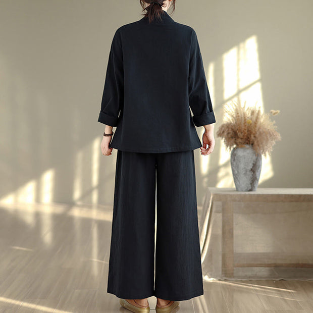 Buddha Stones 2Pcs V-Neck Long Sleeve Shirt Wide Leg Pants Zen Meditation Women's Set - image 14